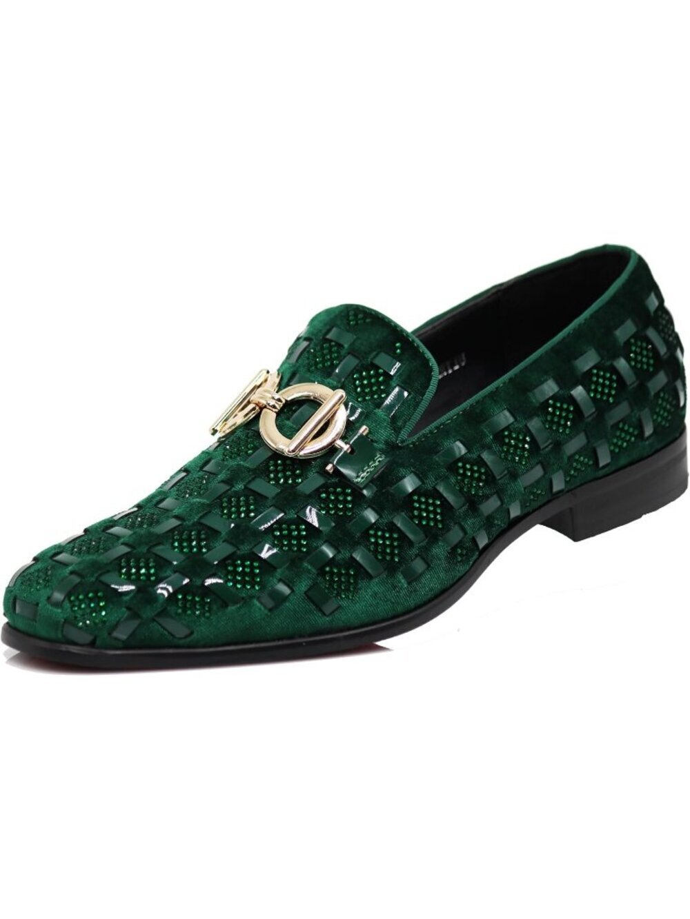 PARRAZO Men's Hunter Green Glitter Rhinestone Loafers Metal Buckle Slip On Shoes